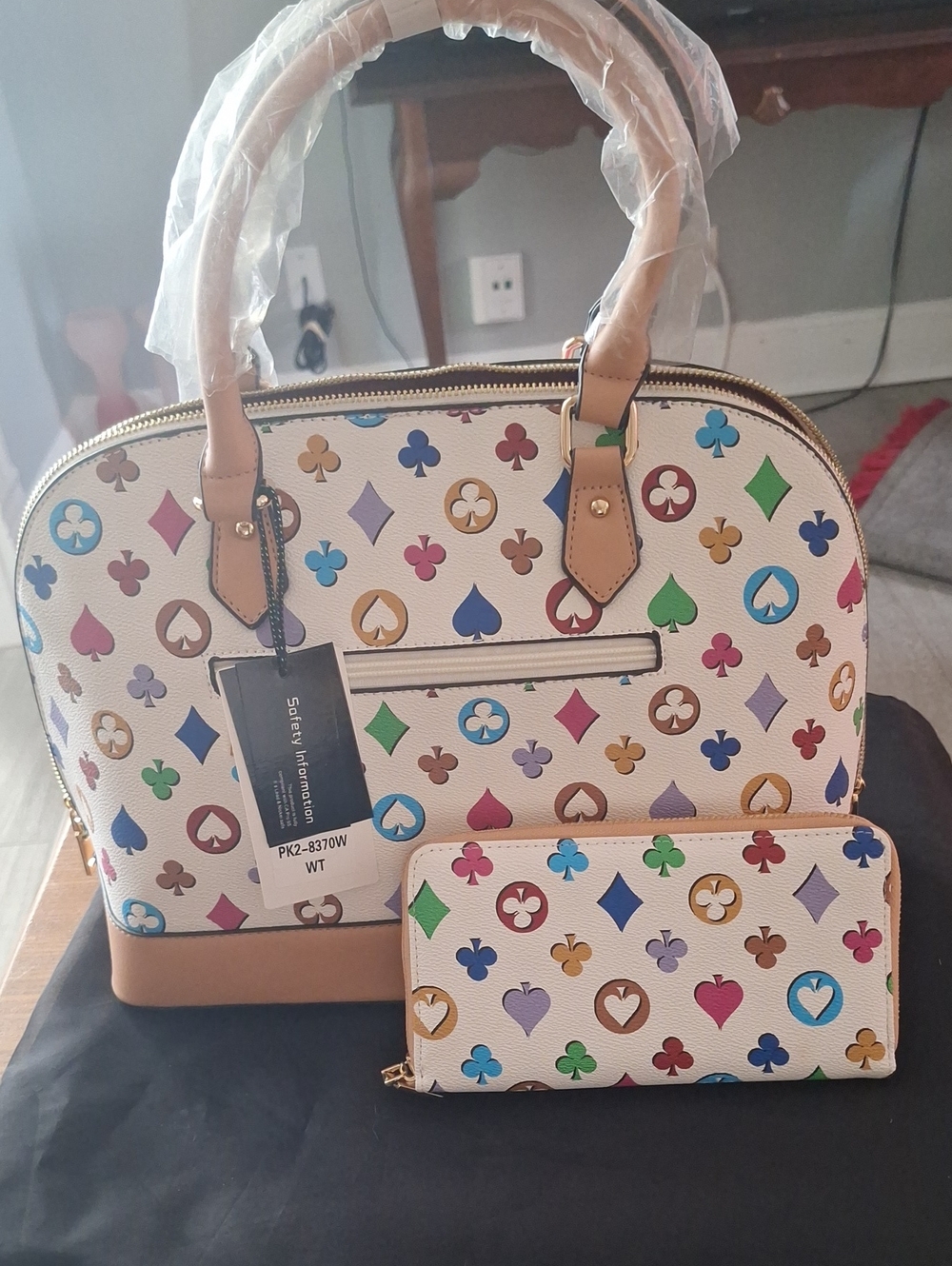 White Multicolor Pattern Dome Satchel with Matching Wallet